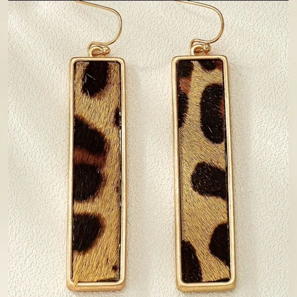 NEW Leopard Animal Print Faux Fur Rectangular Drop Dangling Earrings-(#0153)‎